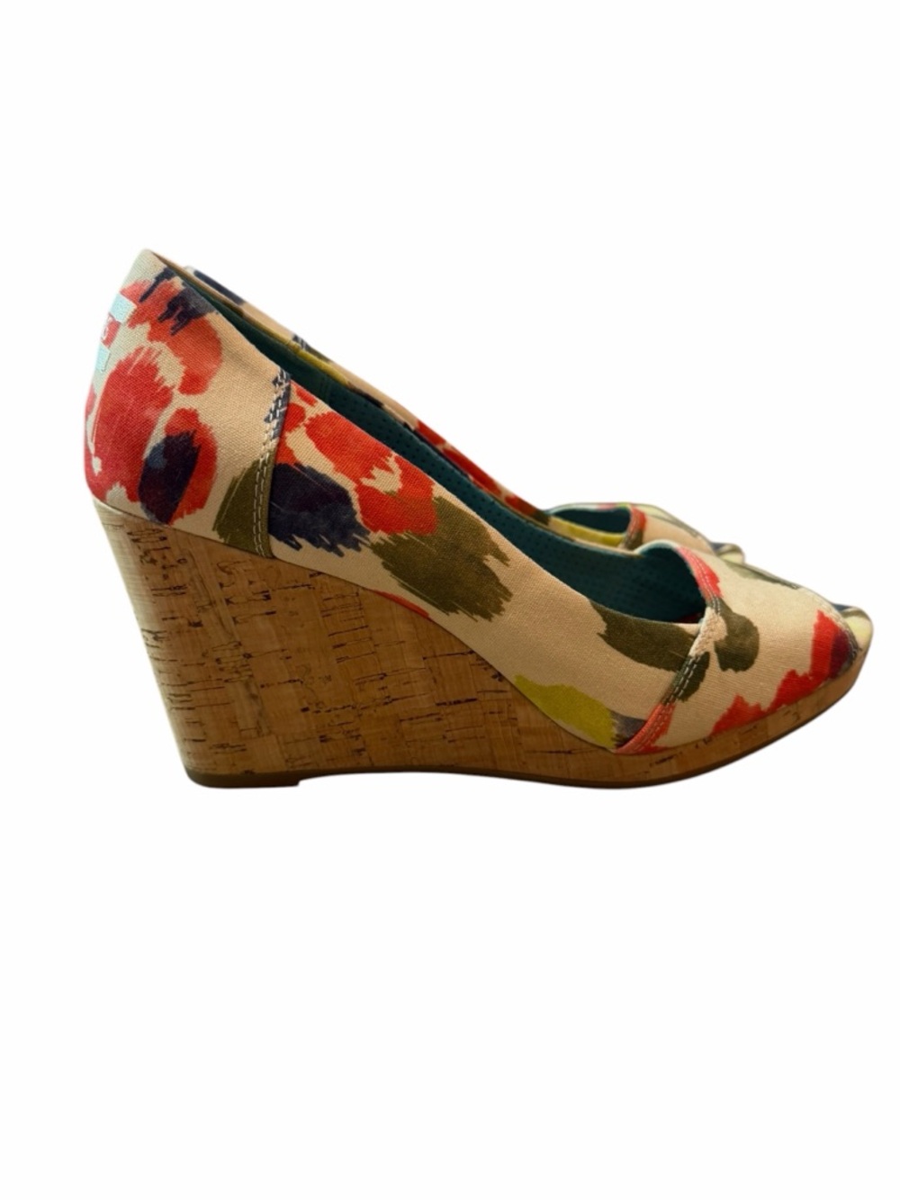 Bohemian Cottagecore Floral TOMS Cork Wedge Peep Toe Heels Size 9 - Picture 3 of 9